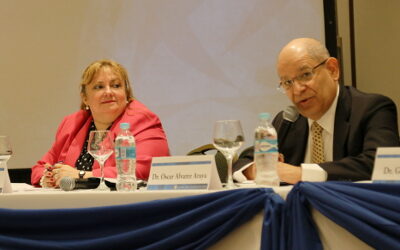 Two professionals participating in a panel discussion at a conference.