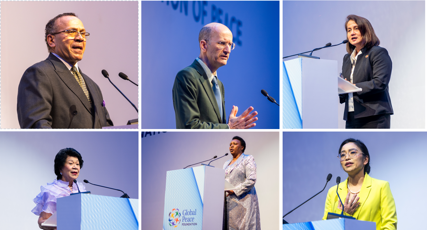 A captivating collage of people passionately speaking at a podium, envisioning a national transformation towards a civilization of peace.
