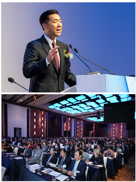 Two pictures capturing a man delivering a captivating speech at a conference on national transformation.